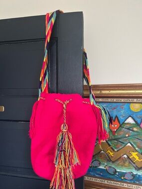Colombian Bright Pink Handwoven Shoulder Bag with Multicolor Strap